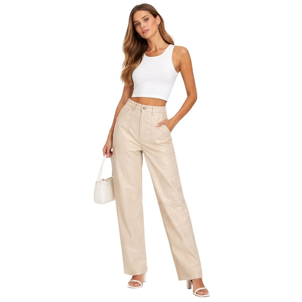 LOST + WANDER Faux Leather Pants Cream Wide Leg High Rise Small Minalist